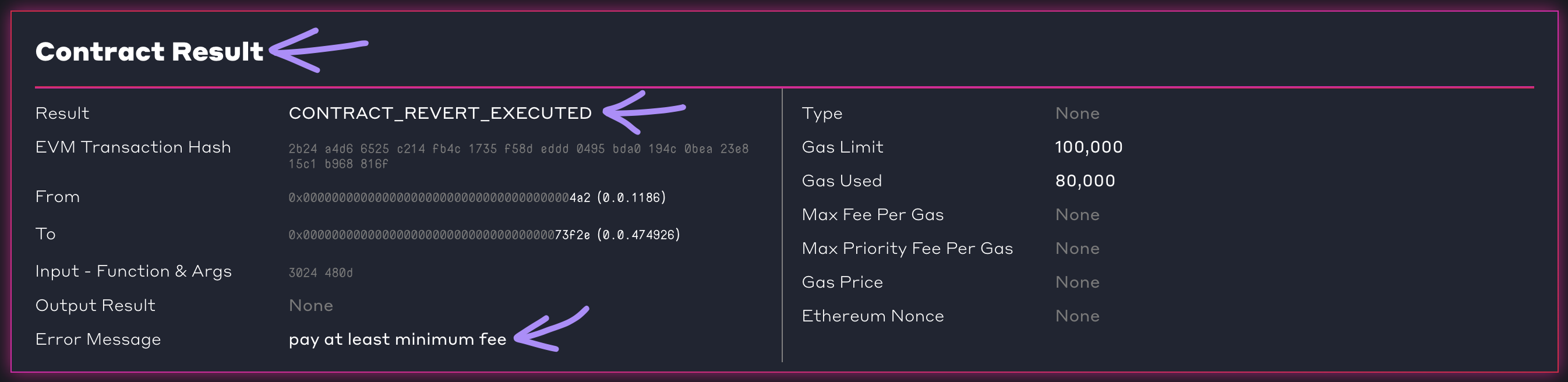 Screenshot showing Contract Result CONTRACT_REVERT_EXECUTED - Transaction (on hashscan.io).