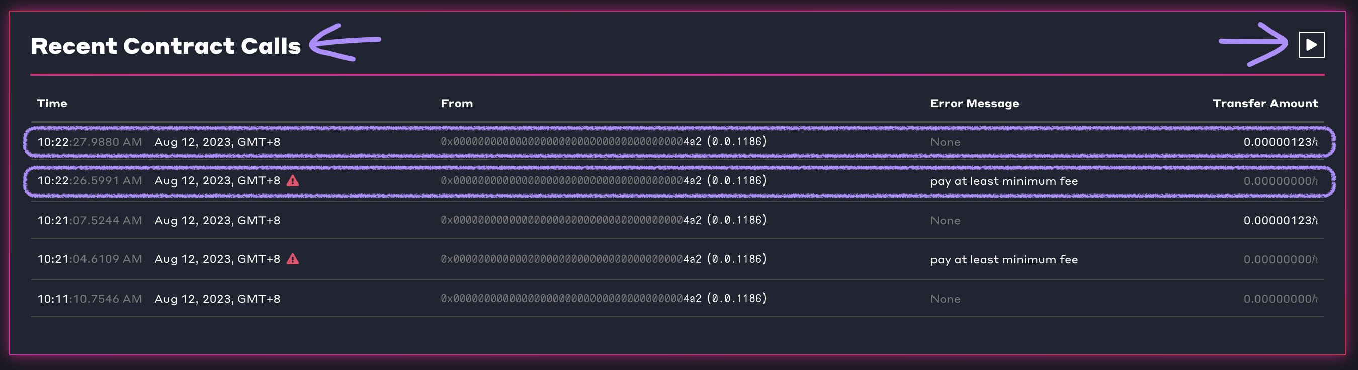 Screenshot showing Recent Contract Calls - Smart Contract (on hashscan.io).